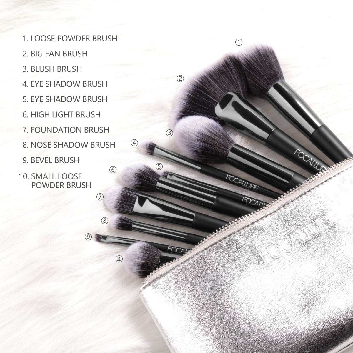 FOCALLURE 10PCS Makeup Brush Set With Bag